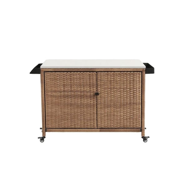 Outdoor Kitchen Wicker Portable Bar Table Rolling Serving Cart with Storage Cabinet in Brown