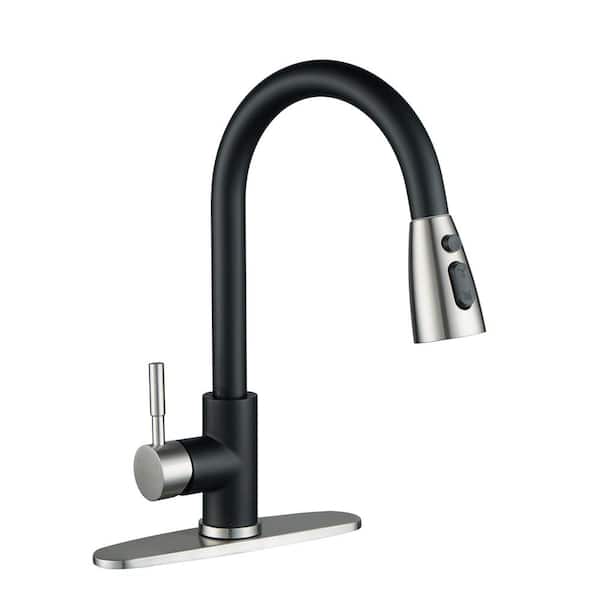 IVIGA Stainless Steel Single Handle Pull Down Sprayer Kitchen Faucet with 3-Mode Advanced Spray, Deckplate in Black and Nickel