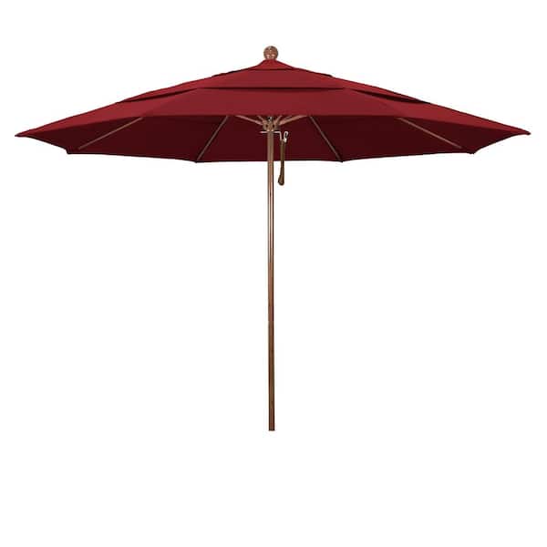 California Umbrella 11 ft. Woodgrain Aluminum Commercial Market Patio Umbrella Fiberglass Ribs and Pulley Lift in Red Olefin