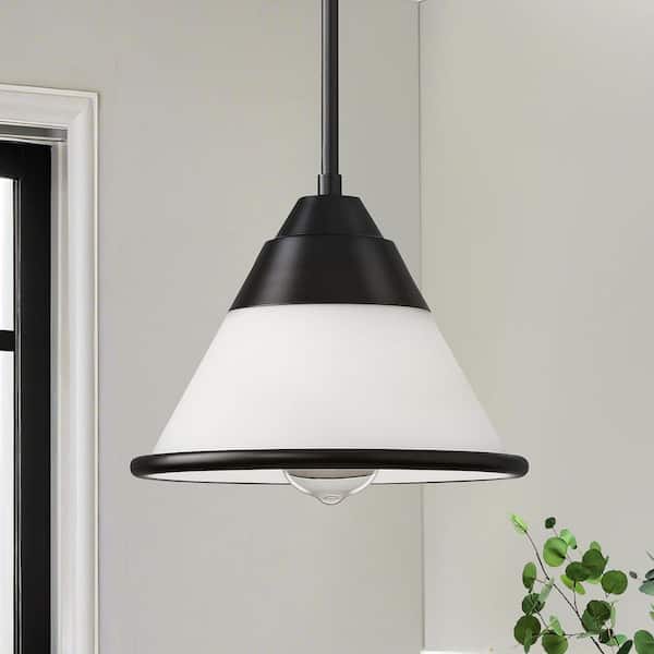 1-Light 40W Height Adjustable Black Modern Kitchen Island Pendant Light Fixture With E26 Base and White Dome Glass Shade