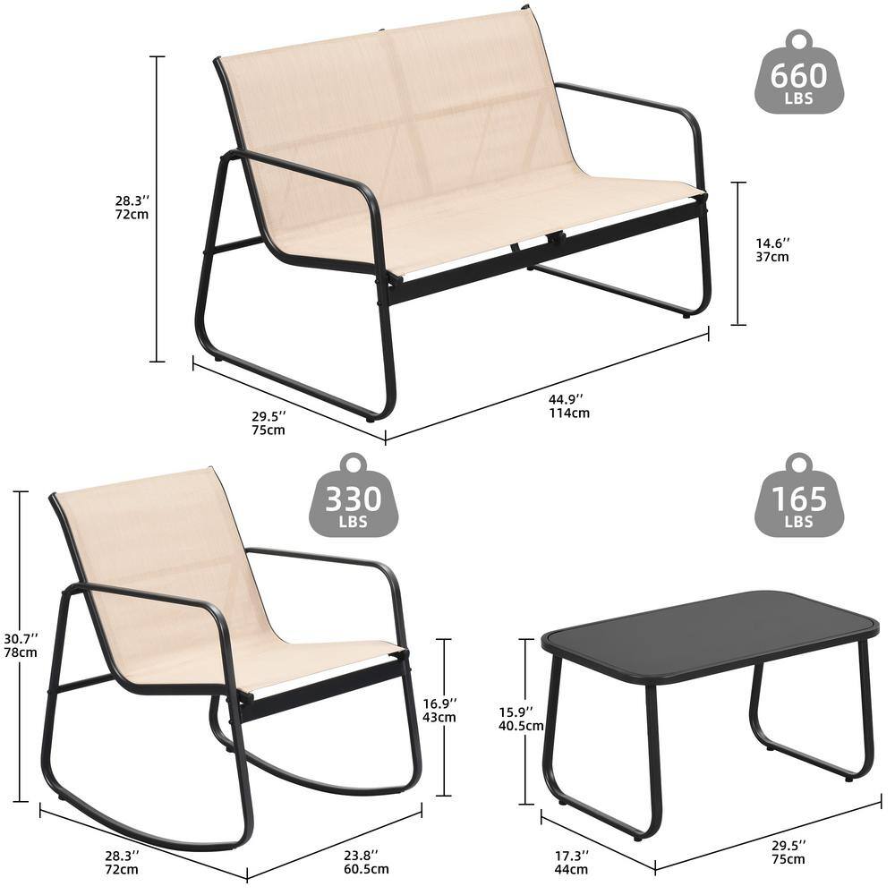Khaki and Black Iron 4-Piece Patio Bistro Set with Glass Table