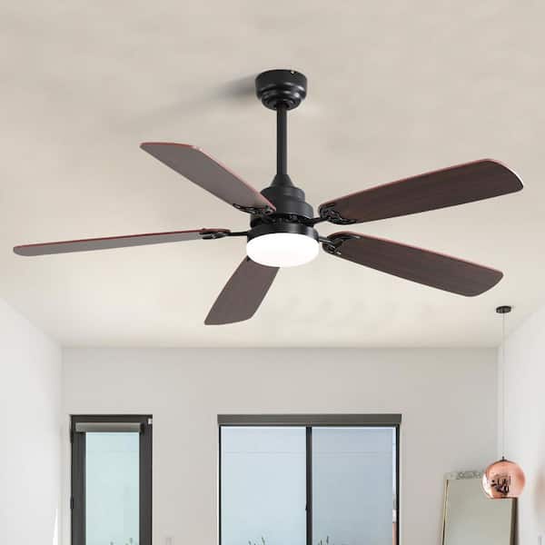 GlowAir 52 in. Matte Black Housing and Walnut Blade Downrod Mount Standard Ceiling Fan with Integrated LED and Remote
