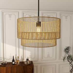 21.5 in 1-Light Beige Natural Adjustable Rattan Double Drum Pendant Light With 2-Tier Natural Rattan Shades