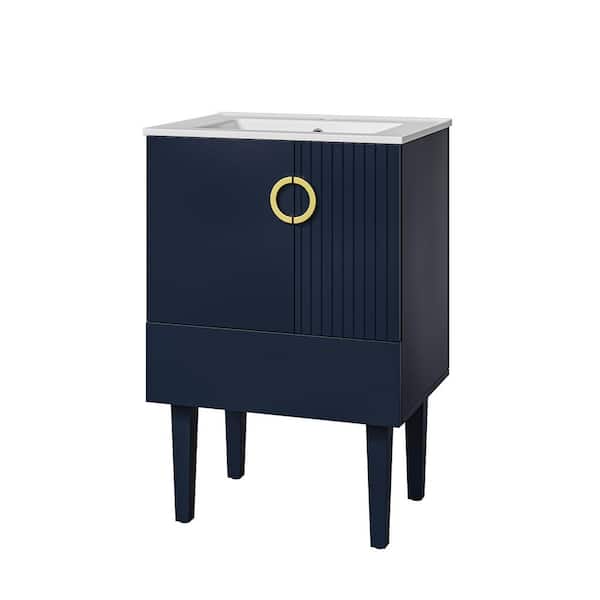 Unbranded 24 in. W x 22 in. D x 35.6 in. H Freestanding Bath Vanity in Navy Blue with Drawer, Doors and White Ceramic Sink Top