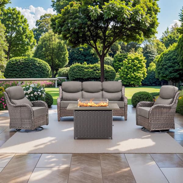 NovaSwivel Brown 4-Piece Wicker Patio Fire Pit Seating Sofa Set Outdoor Conversation Set with 6 in. Thick Gray Cushions