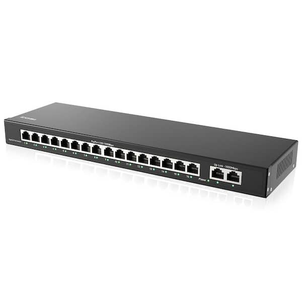 16 Port Gigabit PoE Switch for PoE Security Camera with 2 Uplink Ports and 16 PoE Ports, Plug and Play, Wall Mountable