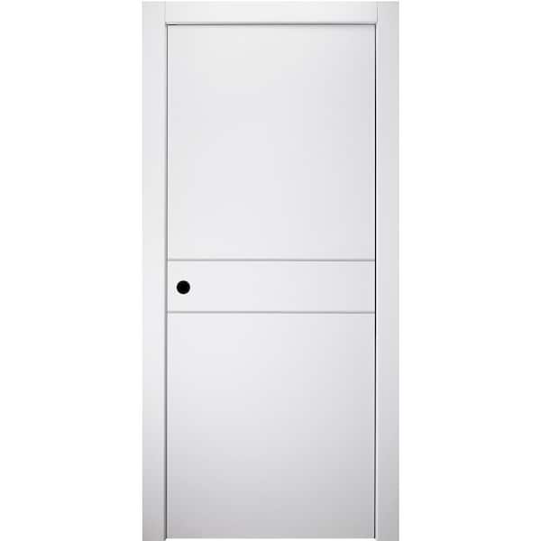 28 in.x80in. Stella 2HN Snow White Finished Aluminum Strips Right-Hand Solid Core Composite Single Prehung Interior Door