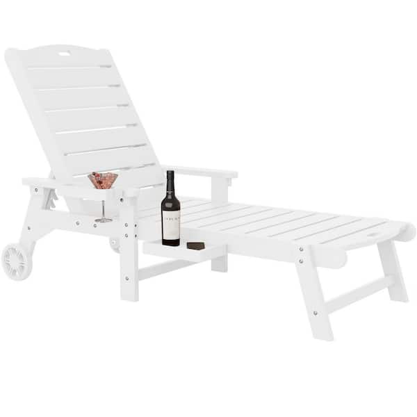 Mximu White HIPS Plastic Outdoor Chaise Lounge Chair with Cup Holder and Wheels