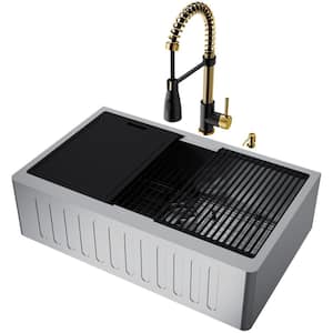 Oxford Stainless Steel 33 in. Single Bowl Farmhouse Workstation Kitchen Sink with Faucet in Black/Gold and Accessories