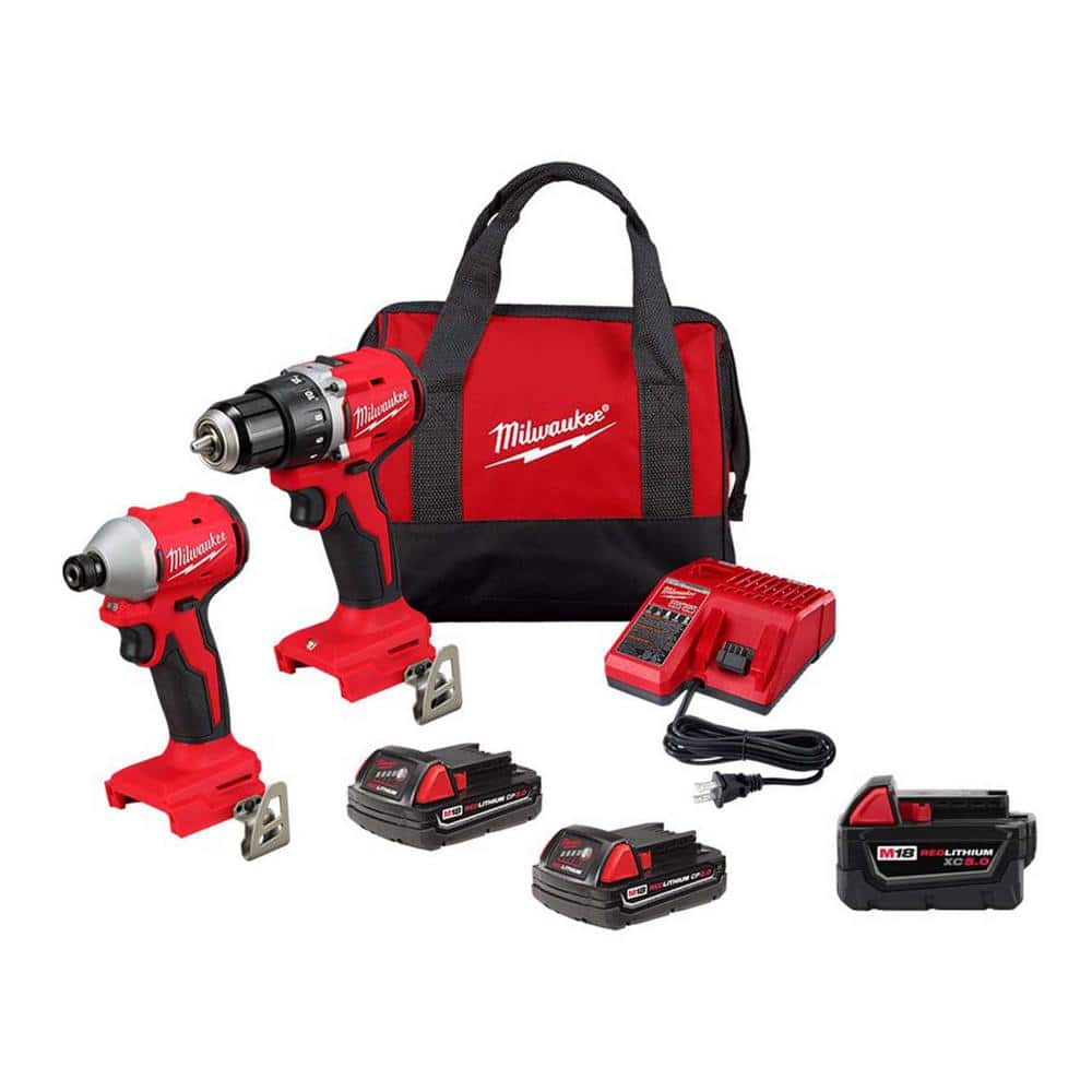 M18 18V Lithium-Ion Brushless Cordless Compact Drill/Impact Combo Kit (2-Tool) w/(2) 2.0 Ah Batteries w/5.0 Ah Battery -  Milwaukee, 3692-22CT-48