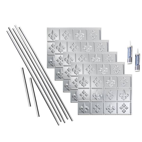 Fleur de Lis 18 in. x 24 in. Brushed Aluminum Vinyl Decorative Wall Tile Backsplash 15 sq. ft. Kit