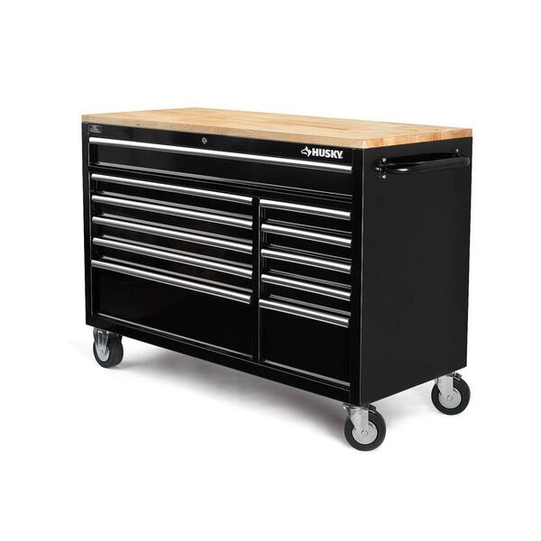 Husky - 52 in. 11-Drawer Mobile Workbench with Solid Wood Top, 22 in. Extra Deep