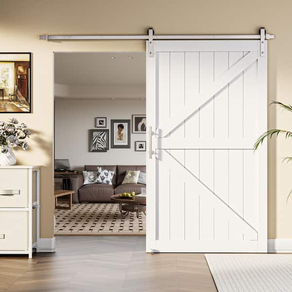 ARK DESIGN 48 in. x 84 in. Paneled White Primed MDF British K-Shape MDF Sliding Barn Door with Hardware Kit Nickel-Plated
