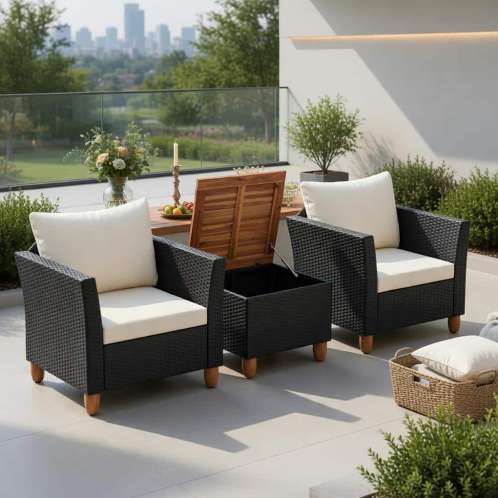 3-Piece PE Rattan Patio Set with Acacia Wood Table – White, Navy, Black, Red & Turquoise Cushion Options price history on PriceWatchPro