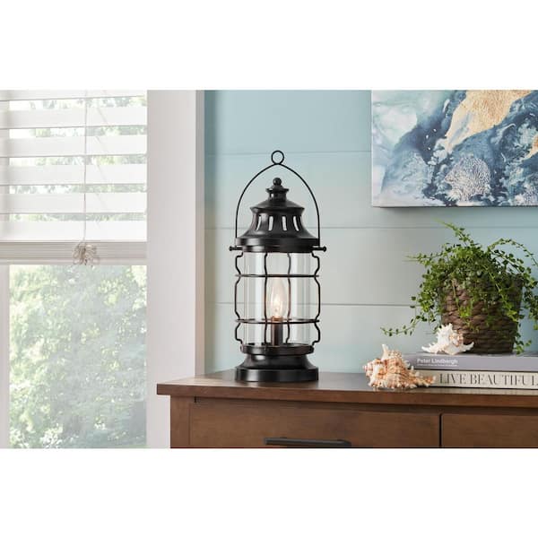 Hampton Bay Rimgate 15.5 in. 1-Light Black Lantern Indoor Table Lamp with Clear Glass Shade