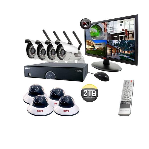 Revo 16-Channel 2TB DVR Surveillance System with 4 Wireless Bullet Cameras, 4 Wired Dome Cameras and Monitor