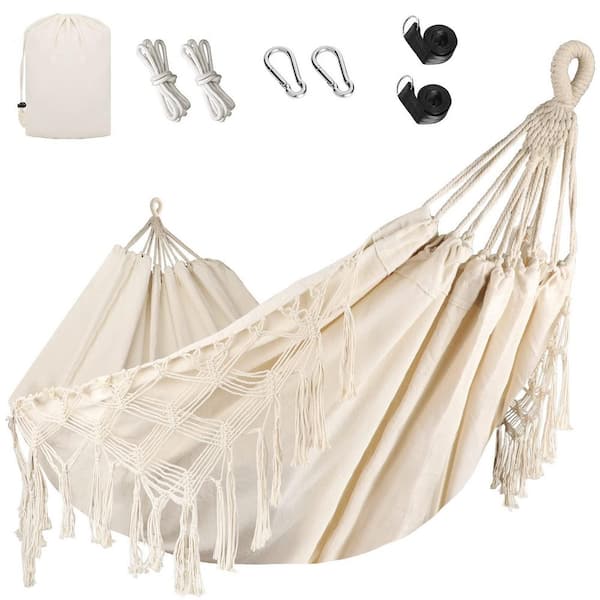 6.6 ft. Tassels and Fishtail Knitting Double Hammock with Mounting Straps for Outdoor Camping, Beige