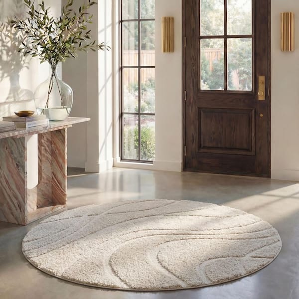 Florida Shag Cream 7 ft. x 7 ft. Round Solid Area Rug