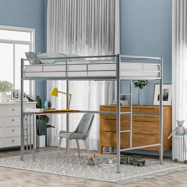 Harper & Bright Designs Silver Twin Size Metal Loft Bed with Built-in Desk and Ladder, Full-Length Guardrails