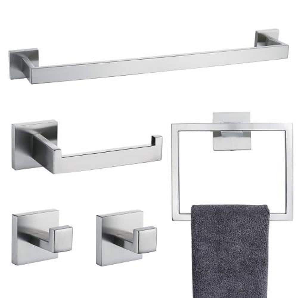 5-Piece Bath Hardware Set with Towel Bar, Two Hooks, and Toilet Paper Holde