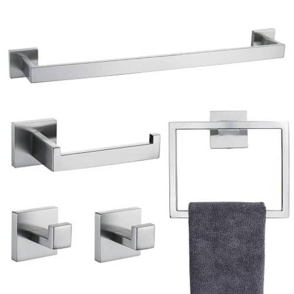Adrinfly 5-Piece Bath Hardware Set with Towel Bar, Two Hooks, and Toilet Paper Holder, made of Stainless Steel in Brushed Nickel