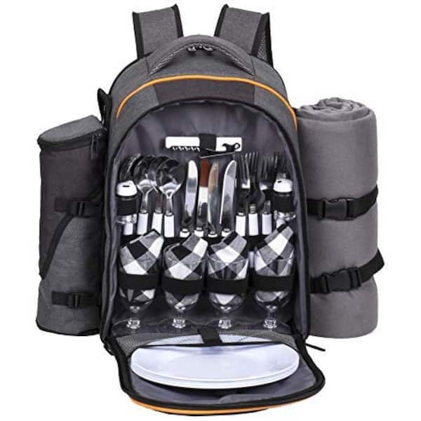 Polyester Picnic Basket Backpack with Insulated Cooler Compartment, Wine Holder, Fleece Blanket, Cutlery Set, Dark Gray