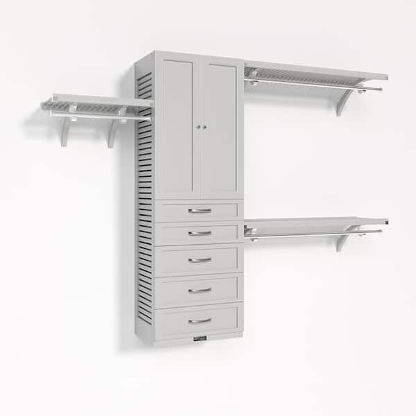 72 in. W-120 in. W White Walk in with 5 Shaker Style Drawers and Wood Door 16 in. -Shelf Wood Closet System