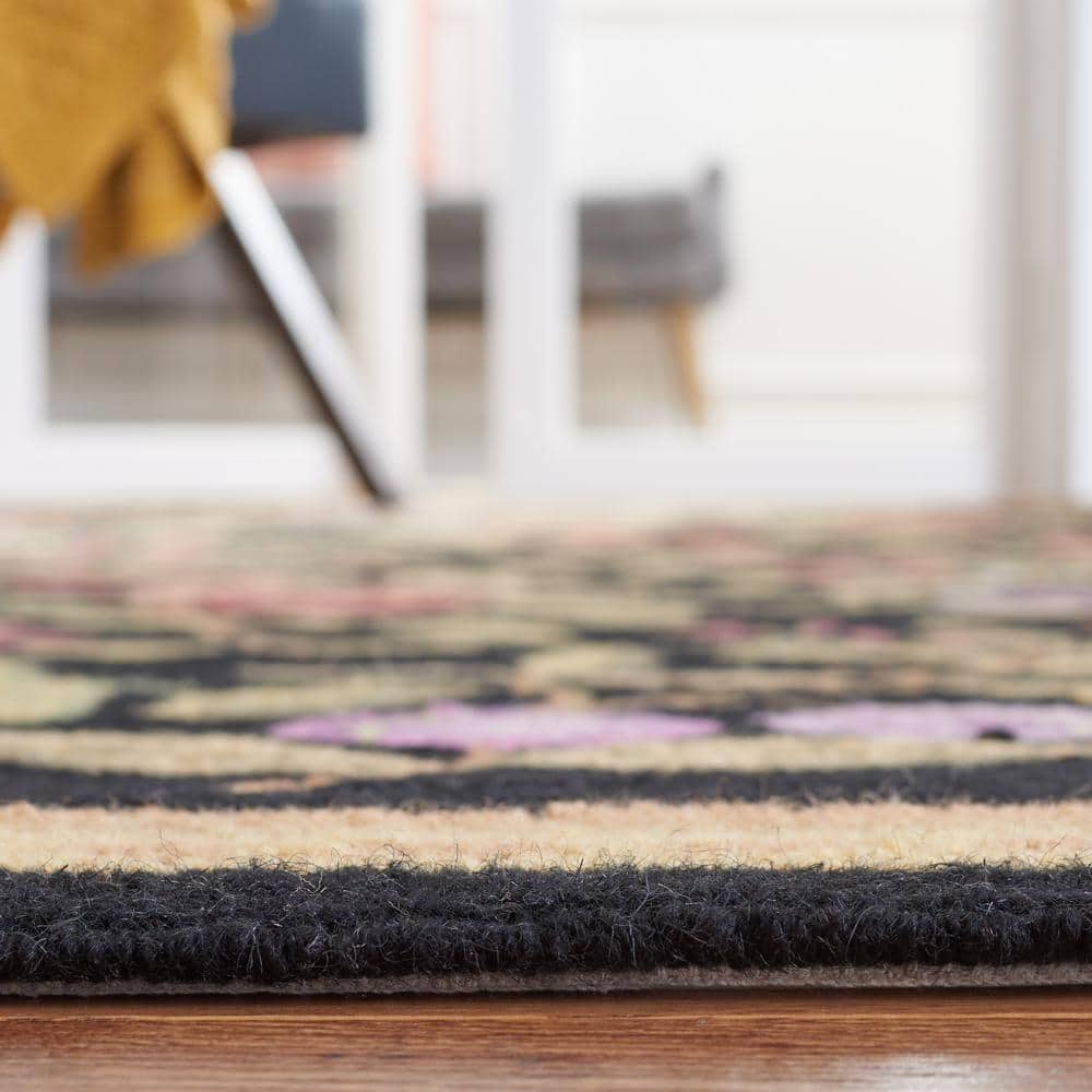 Handmade Black Floral Wool Rectangular Rug