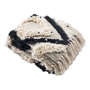 Lila 50 in. x 60 in. Beige/Black Fringe Throw Blanket