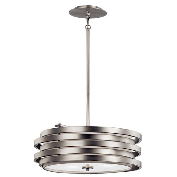 KICHLER Roswell 3-Light Brushed Nickel Contemporary Shaded Kitchen Drum Pendant Hanging Light with Metal Shade