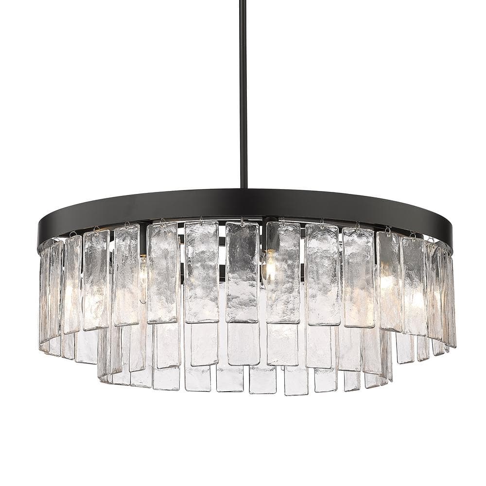 Matte Black 27" Drum Chandelier with Hammered Glass Panels