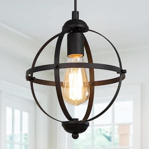 Industrial 1-Light Matte Black Globe Pendant Light with Metal Cage Shade and No Bulb Included