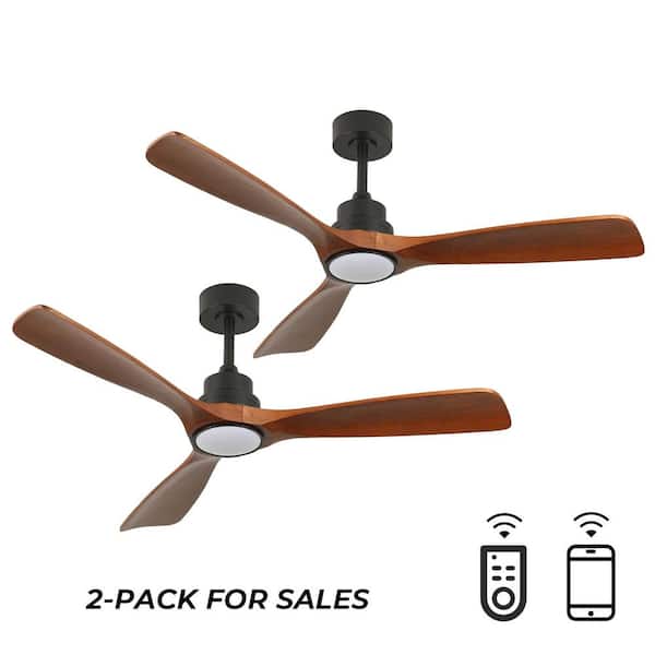 52 in. LED Indoor Modern Low Profile Solid Wood Black Flush Mount Ceiling Fan Light with Remote for Living Room (2-Pack)