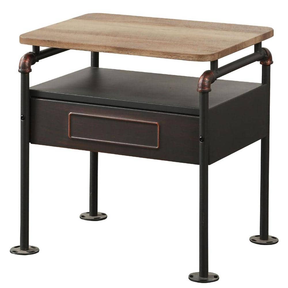 Industrial Oak and Gray Metal Nightstand with Drawer and Shelf