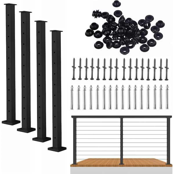 4 in. x 36 in. Black Stainless Steel Cable Railing Post Square Fence Deck System 4 Pack