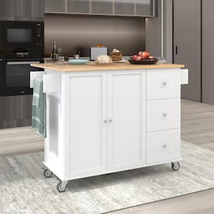 White Solid Wood 52.76 in. Kitchen Island with Drop-Leaf Table Top and 3-Drawers