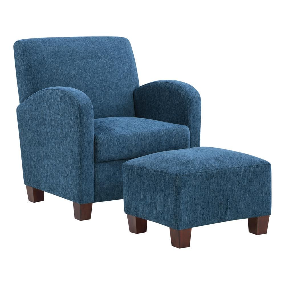 Navy Herringbone Faux Leather Accent Chair with Ottoman