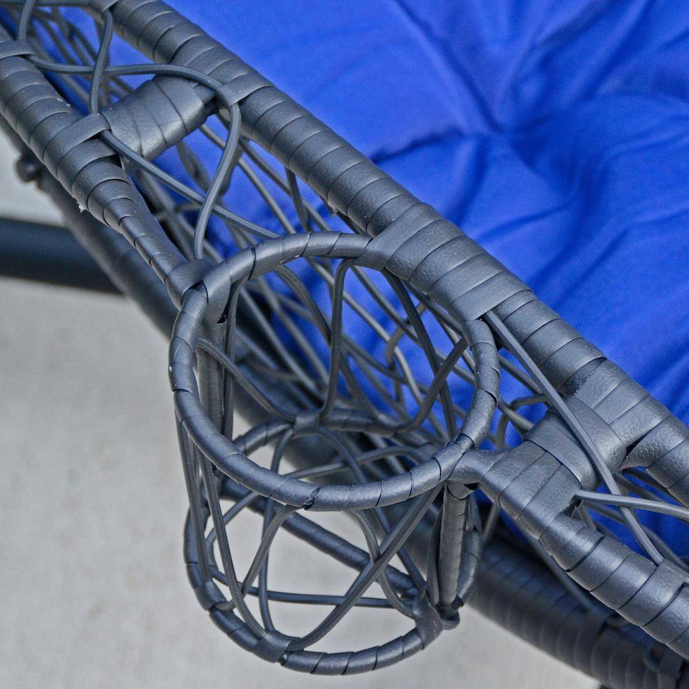 Blue Cushioned Rattan Wicker Hanging Chair with Stand