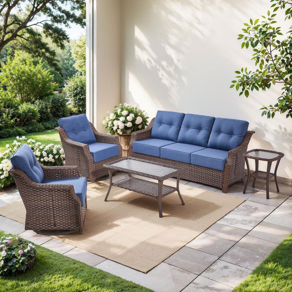 Henn 5-Piece Brown Wicker Outdoor Patio Conversation Seating Sofa Set with Blue Cushions and Swivel Rocking Chairs price history on PriceWatchPro
