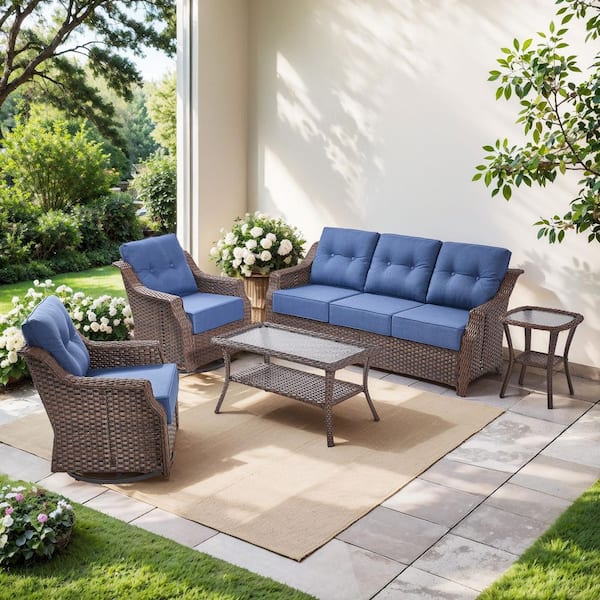 Henn 5-Piece Brown Wicker Outdoor Patio Conversation Seating Sofa Set with Blue Cushions and Swivel Rocking Chairs