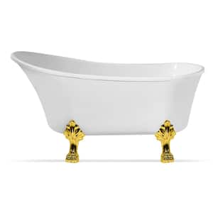 63 in. Acrylic Clawfoot Non-Whirlpool Bathtub in Glossy White With Polished Gold Clawfeet And Polished Gold Drain