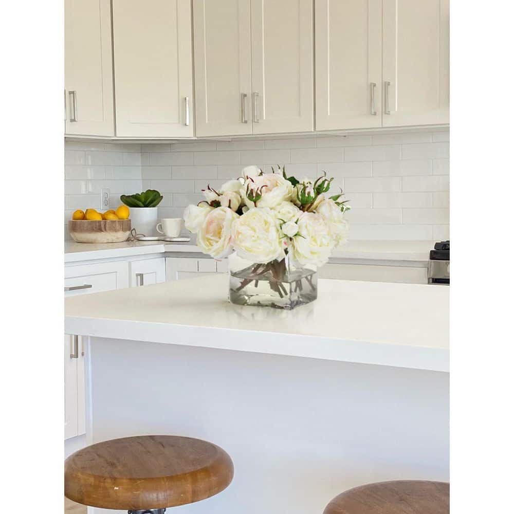 9 in. White Indoor Artificial Rose in Square Vase