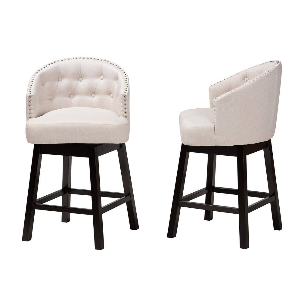 Light Beige Fabric and Wood Swivel Counter Stool Set