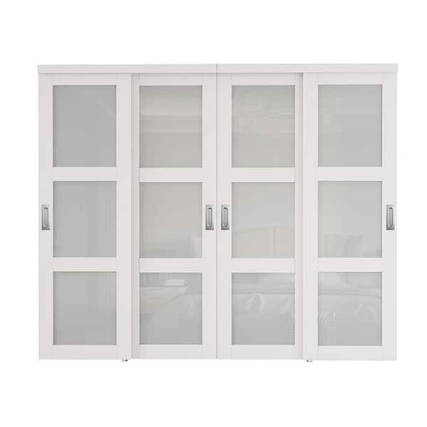 ARK DESIGN 96 in. x 80 in. 3-Lite Frosted Glass White Finished MDF Interior Closet Sliding Door with Hardware and Sliver Handles