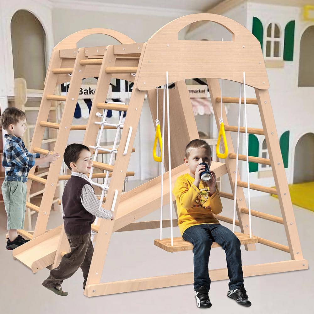 Eco-Friendly Pine Indoor Jungle Gym Playset with Slide and Swing