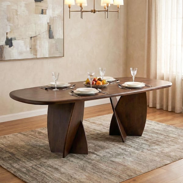 Shelun VII Mid Century Rich Walnut Wood 82.7 in. Double Pedestal Base Dining Table Seats 6