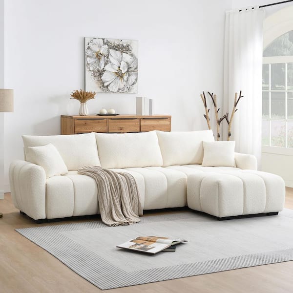 110 in. W Boucle Fabric Modular Sectional Sofa in. Cream White with Movable Ottoman and Extra-Large Seat