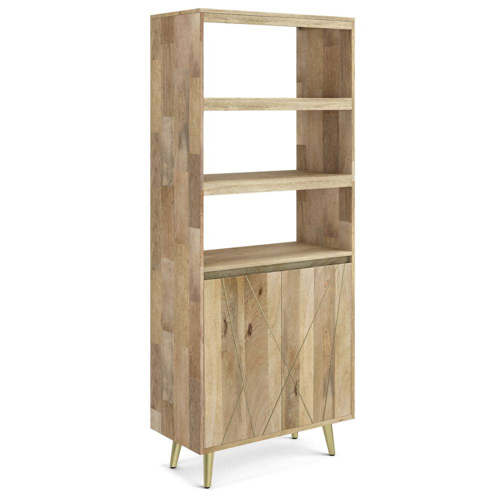 Natural Mango Wood 72" Contemporary Bookcase with Brass Inlay