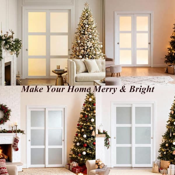 56 in. x 80 in. 3-Lite Tempered Frosted Glass White Finished MDF Closet Sliding Door with Hardware Kit