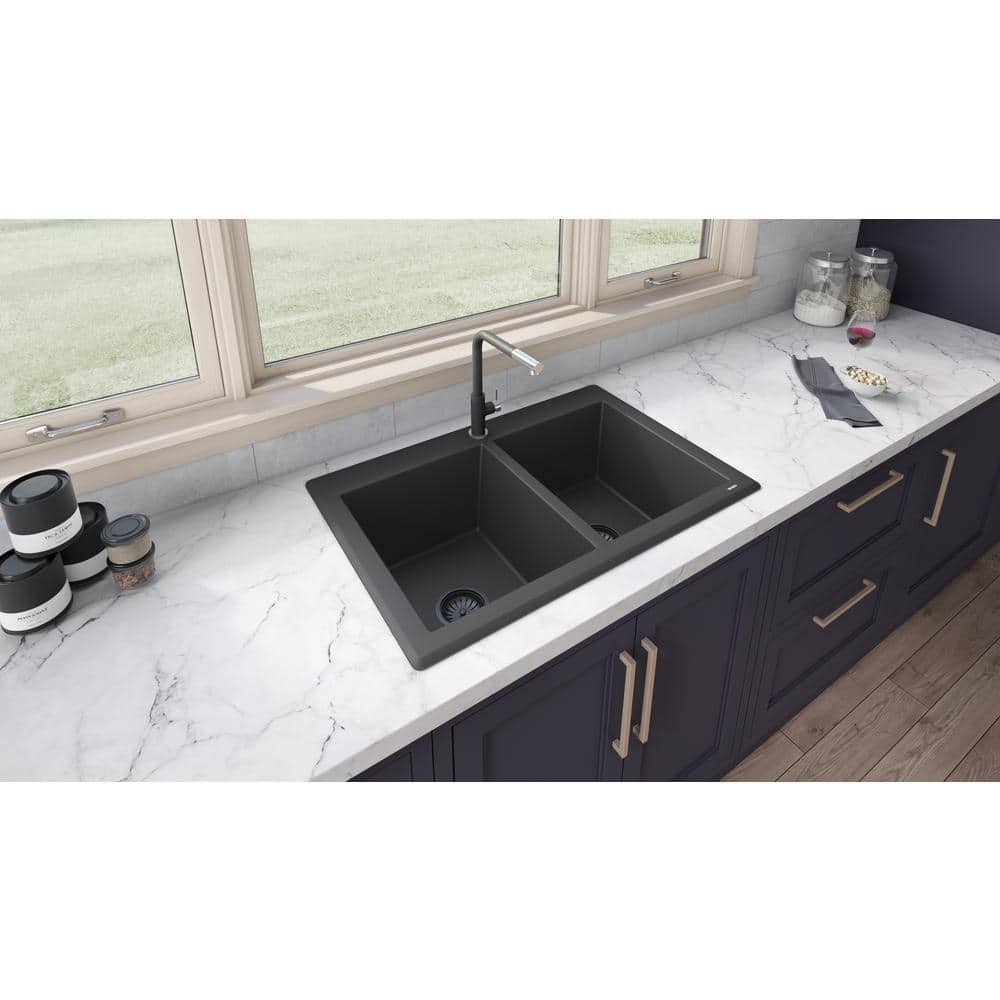 Midnight Black Granite Composite Double Bowl Drop-In Sink